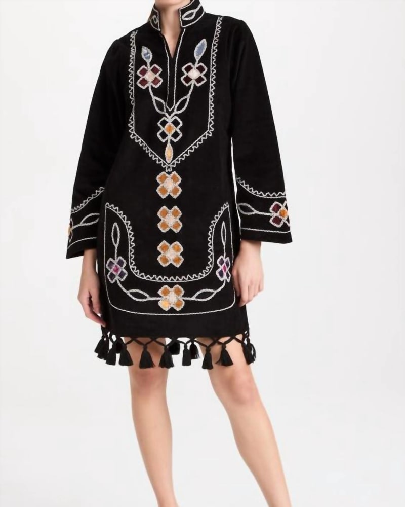 Front of a model wearing a size LARGE Catalina Dress In Black in Black by FIGUE. | dia_product_style_image_id:346508